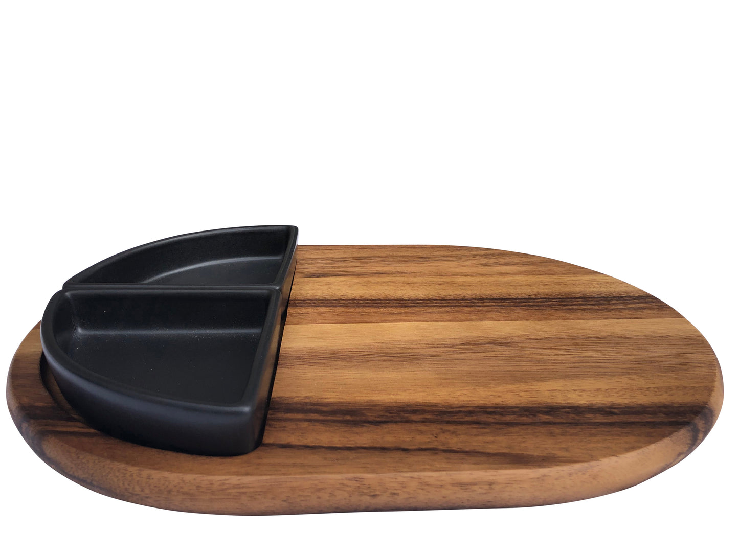 Acacia Wood Charcuterie Tray 15x11 With 2 Black Triangular Ceramic Bowls