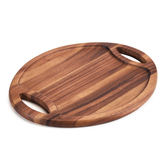 Plateau de service ovale en bois d'acacia avec poignées, plateau de service en acacia massif de taille moyenne