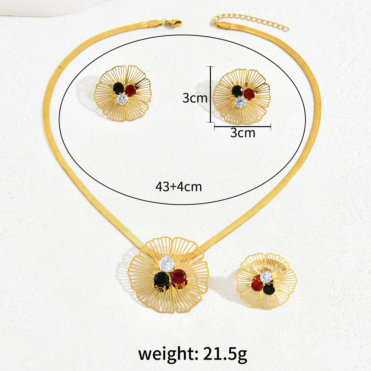Light Luxury European American Jewelry Set, Floral Niche Design Inlaid Cubic Zirconia, Includes Earrings, Long Pendant Necklace And Matching Ring For Women