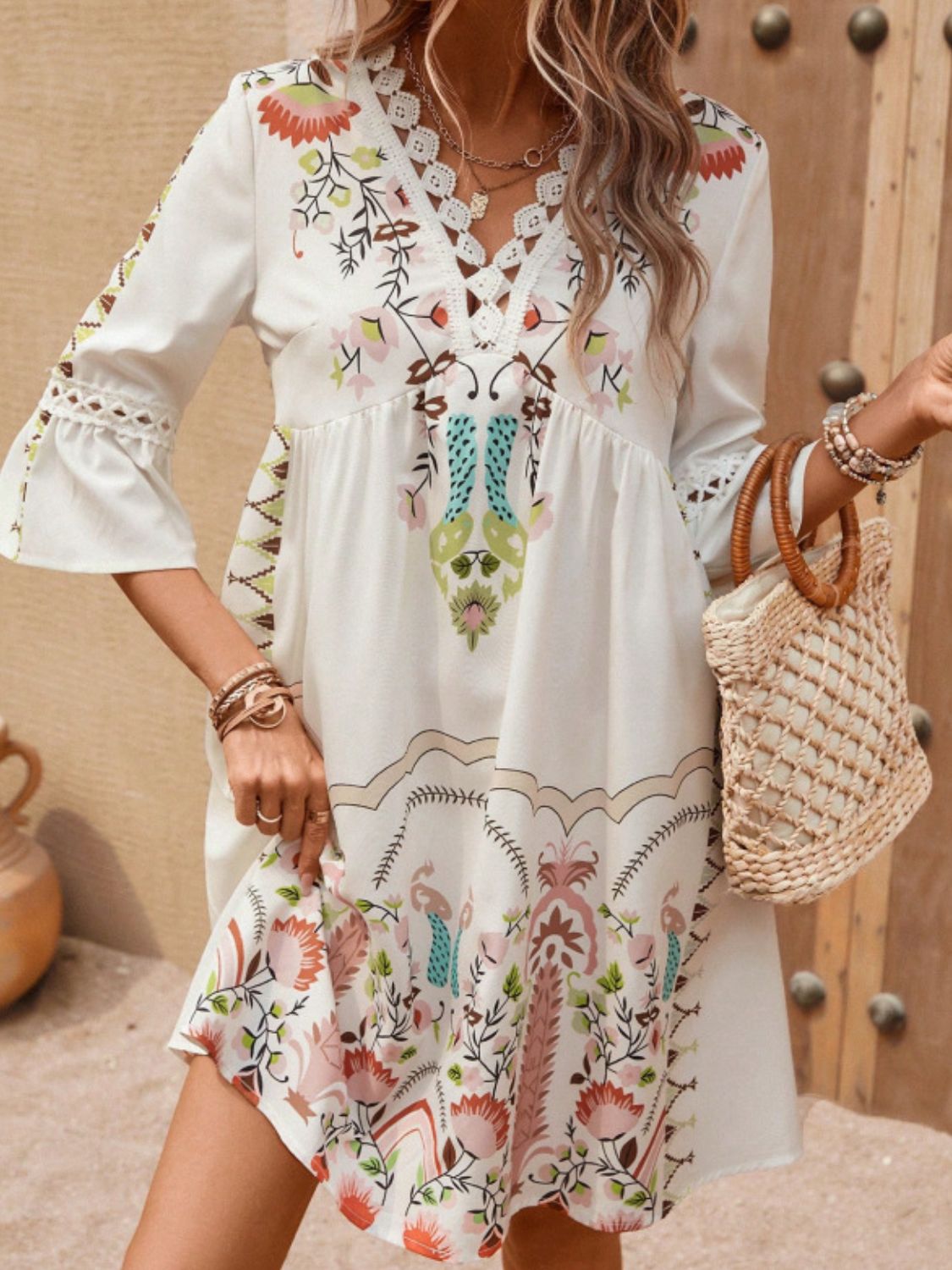 Exquisite Summer Feminine Lace Detail Printed Dress Chic Midi Lightweight Dress