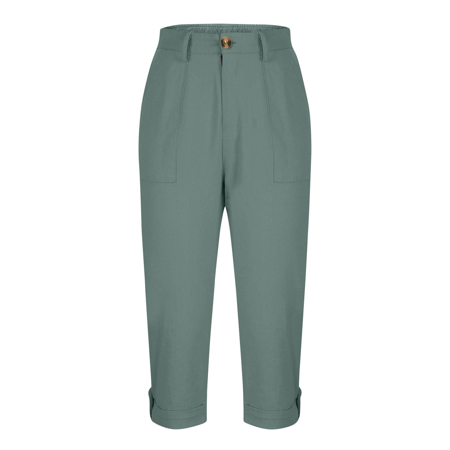 Cross-border Women's Solid Color Workwear Pants Waist Button Pants Ear Design Pants Leg Curled Women's Cropped Pants
