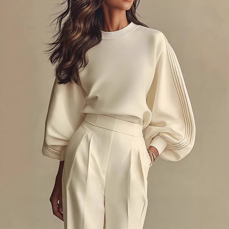 Women’s Round Neck Sweatshirt & Pants Set – Casual Long Sleeve Two-Piece Outfit