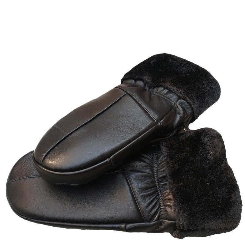 Fleece-lined Thickened Cold-resistant Windproof Sheepskin Mittens For Cycling