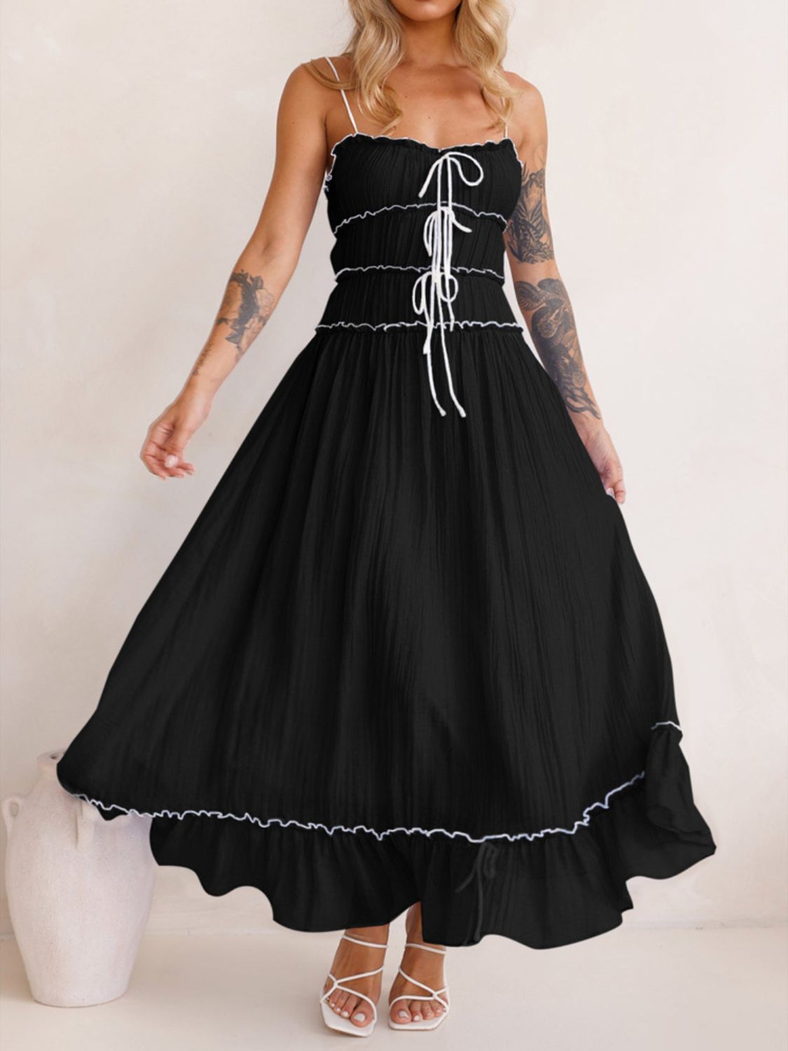 Vintage Ruffled Hem Midi Dress With Tied And Ruched Detail Elegant Feminine Girls Dress