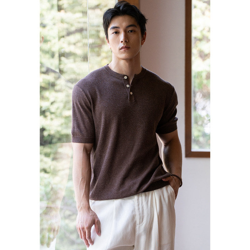 Mens Casual Short-sleeved Knit Top With A Half-placket