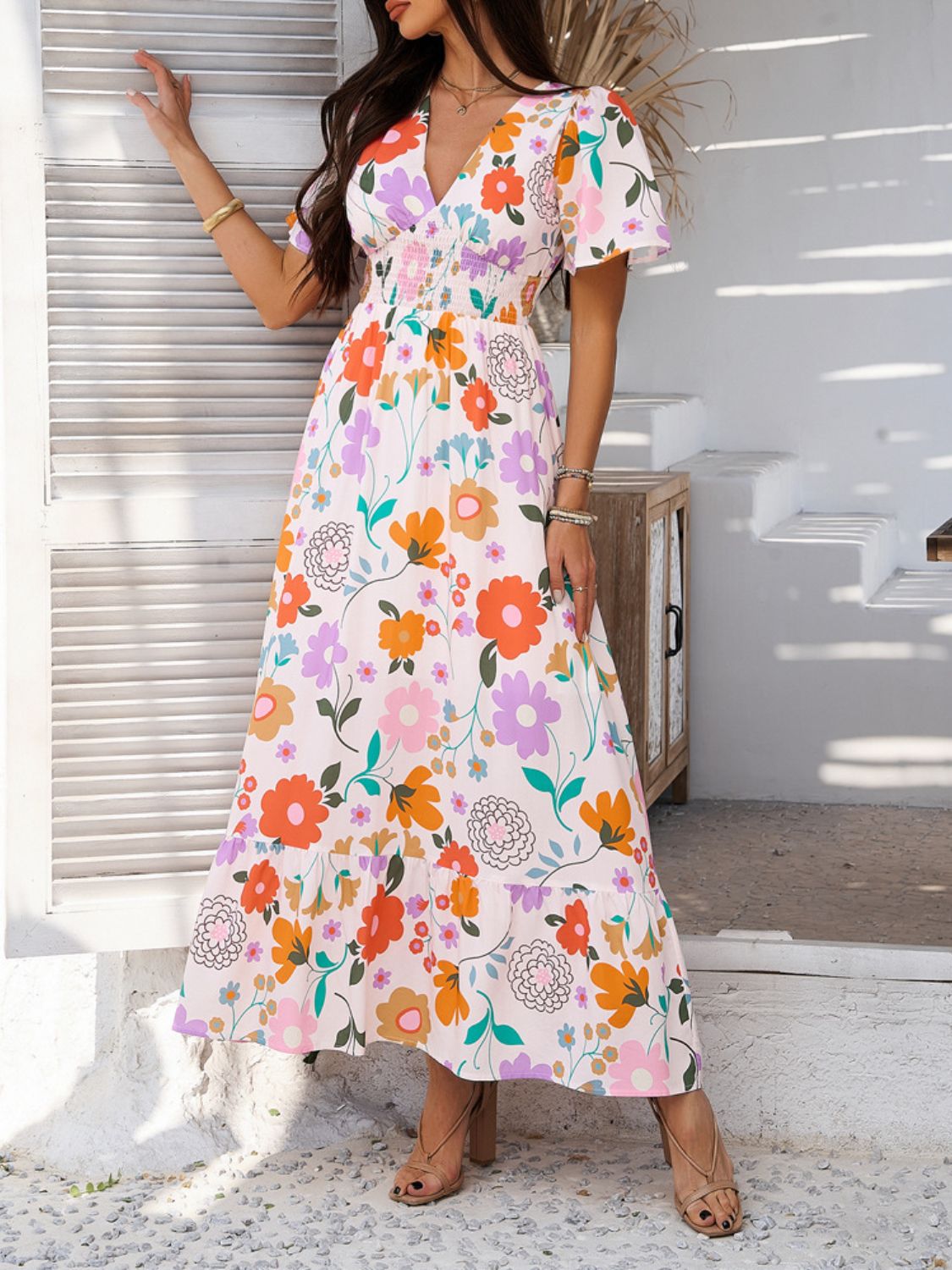 Elegant Printed V-Neck Short Sleeve Maxi Dress Beautiful Casual Women Long Dress