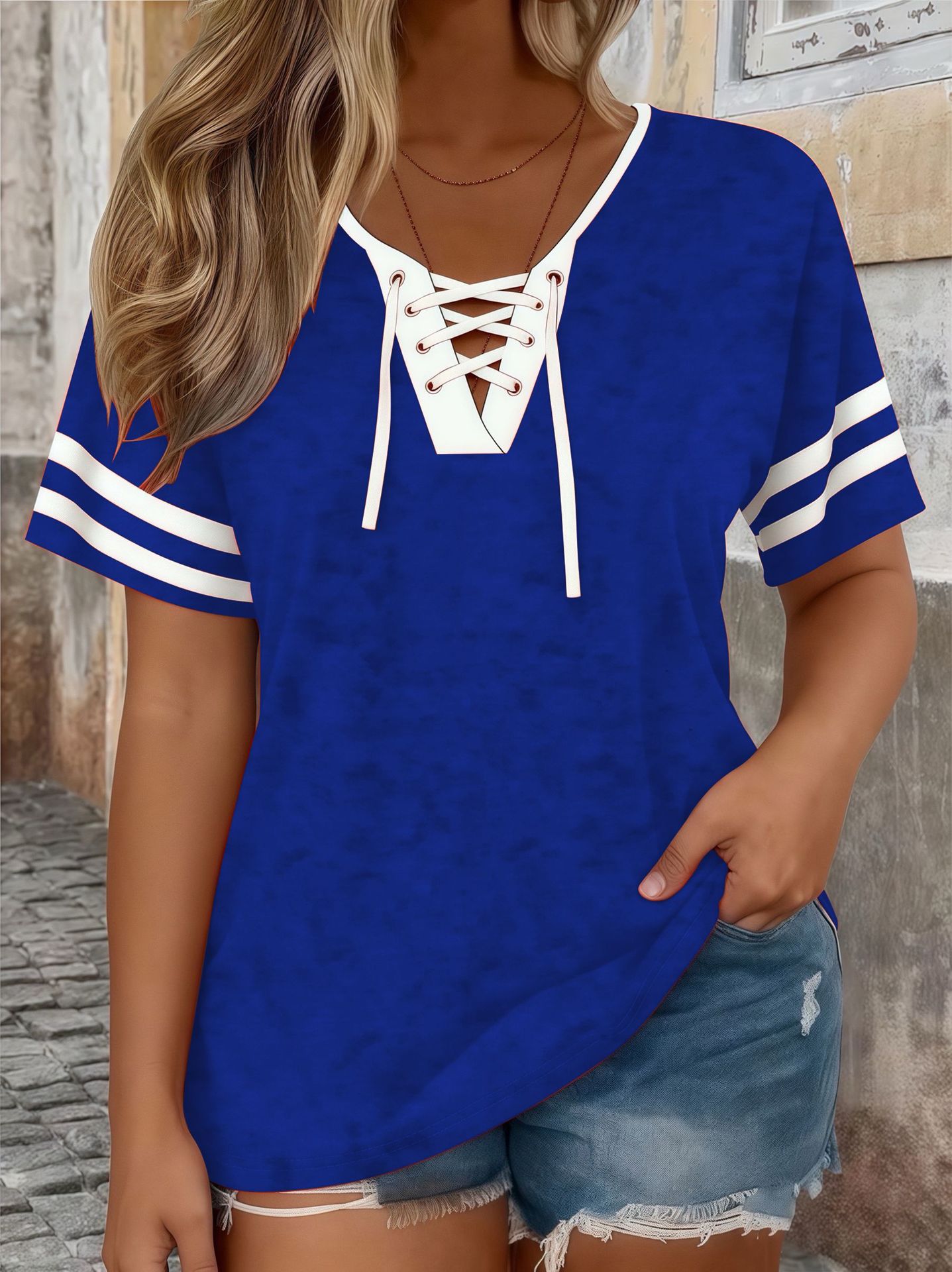 Color-Block Half-Sleeve V-Neck Plus-Size Womens T-Shirt