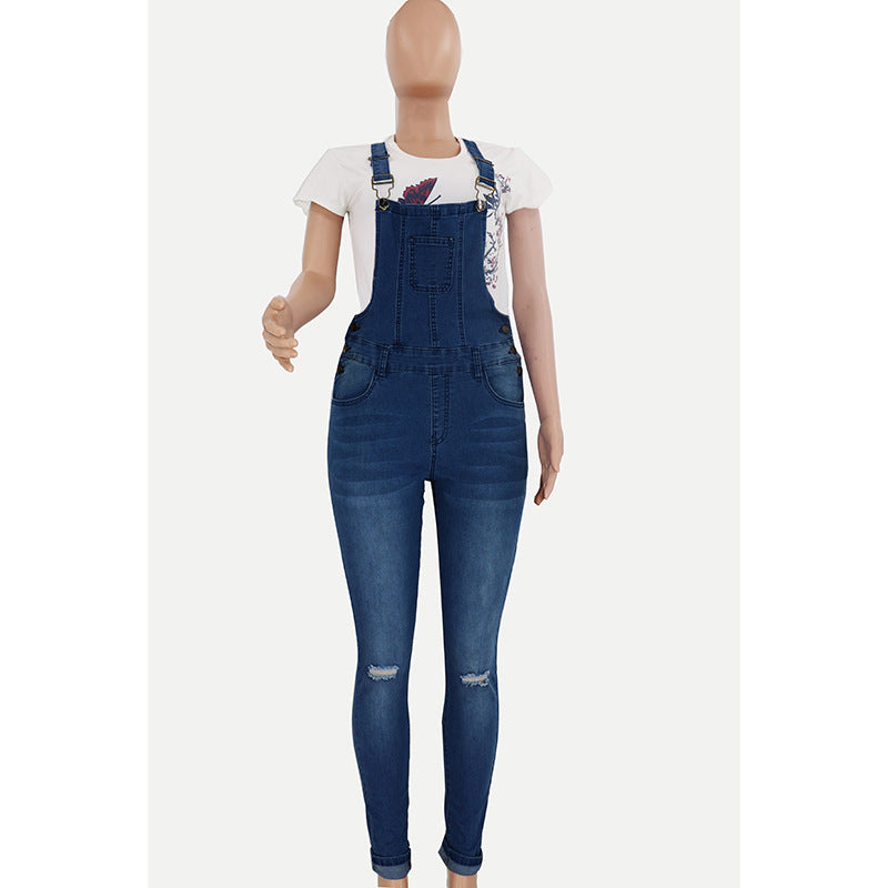 Womens Ripped Washed Denim Overalls