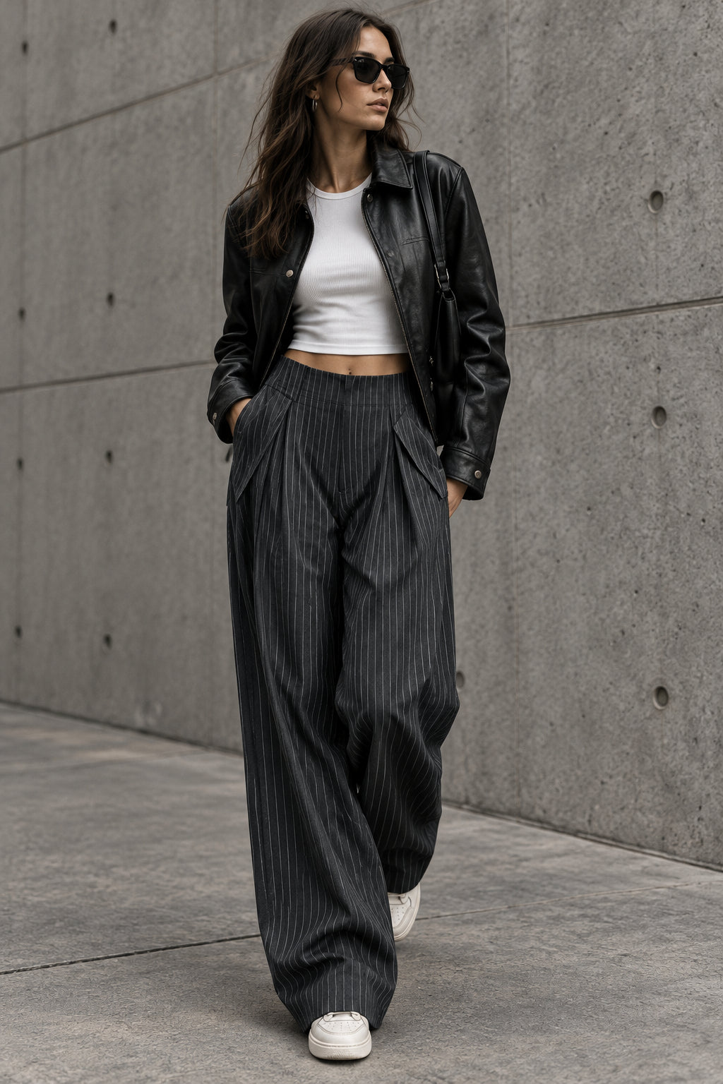 Women's Dark Gray Pinstripe Wide-Leg Pants