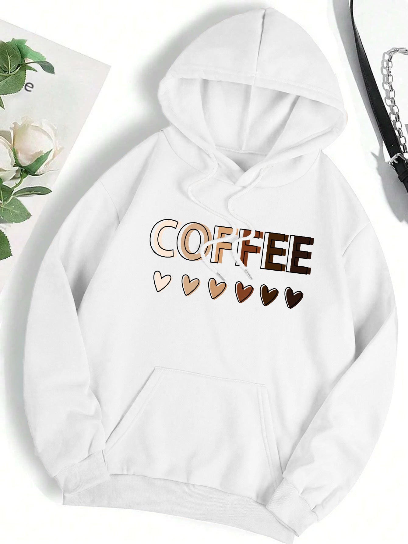 Casual Hooded Sweatshirt With Coffee-themed Lettering Print
