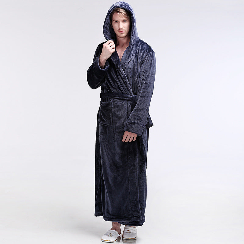 Mens Winter Hooded Thickened Long-Style Nightgown