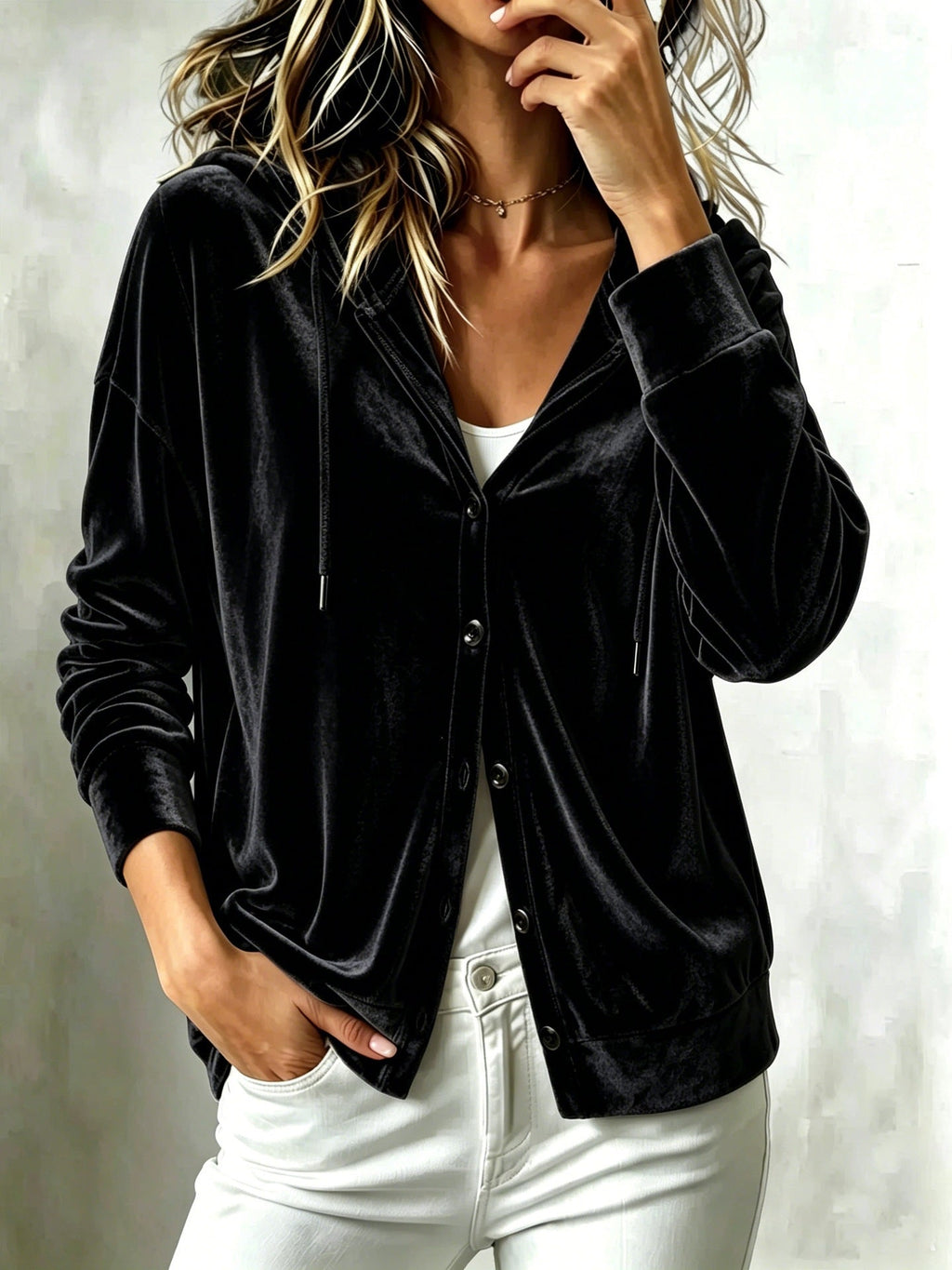 New Arrival European American Style Women Fall Winter Hooded Solid Color Long Sleeve Loose Button Down Cardigan