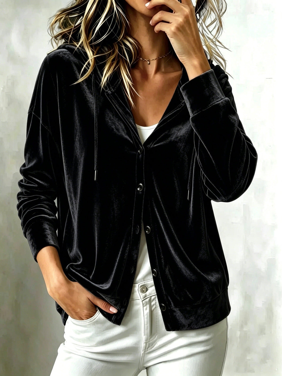 New Arrival European American Style Women Fall Winter Hooded Solid Color Long Sleeve Loose Button Down Cardigan