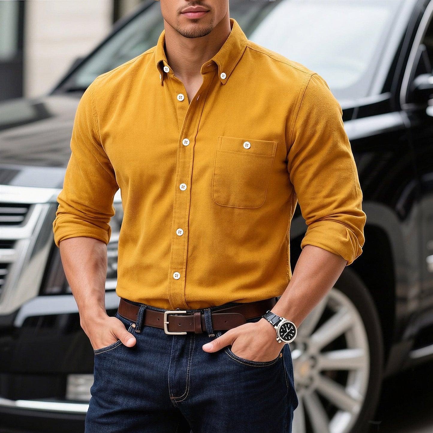 Mens Solid-Color Corduroy Long-Sleeve Base Shirt
