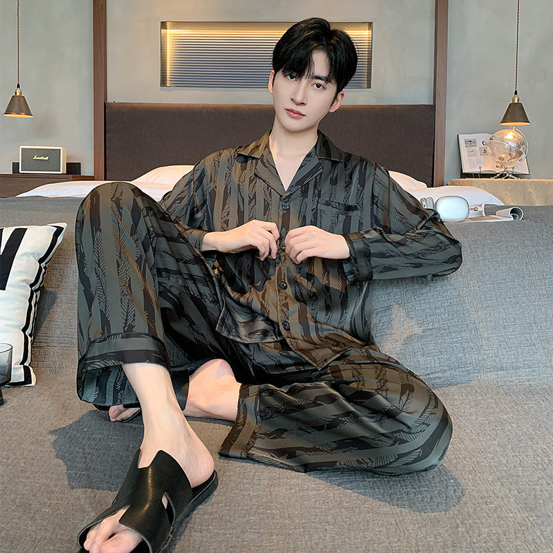 High-grade Ice Silk Men's Pajamas V-neck Thin Trousers Long Sleeve Two-piece Set