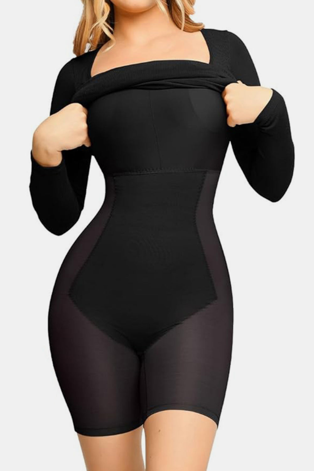Elegant Black Full Size Built-In Shapewear Square Neck Long Sleeve Dress Sculpting Fit Dress for Women