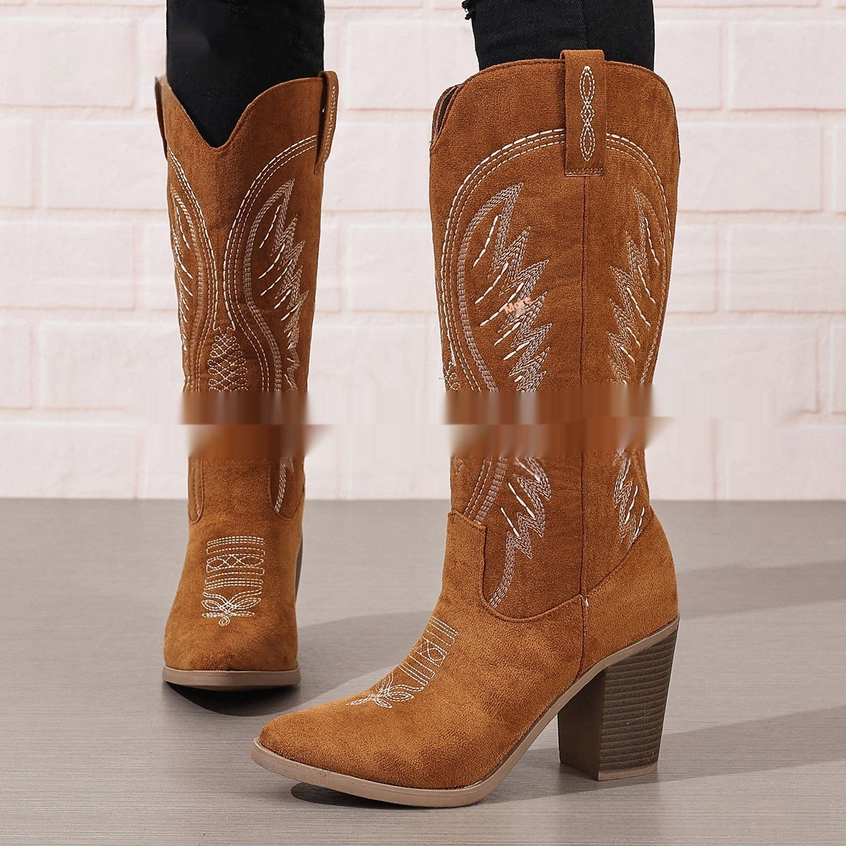 Autumn New Pointed Mid Heel High Tube Embroidered Denim Boots