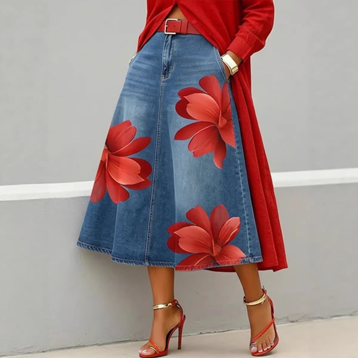 Women's Floral Print A-Line Midi Skirt – Denim-Style Boho Skirt