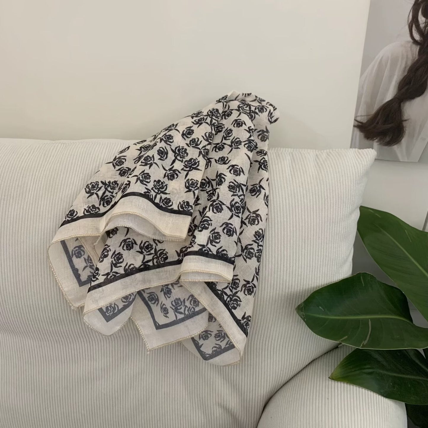 Korean-style Cashew Flower Cotton-Linen Square Scarf For Women