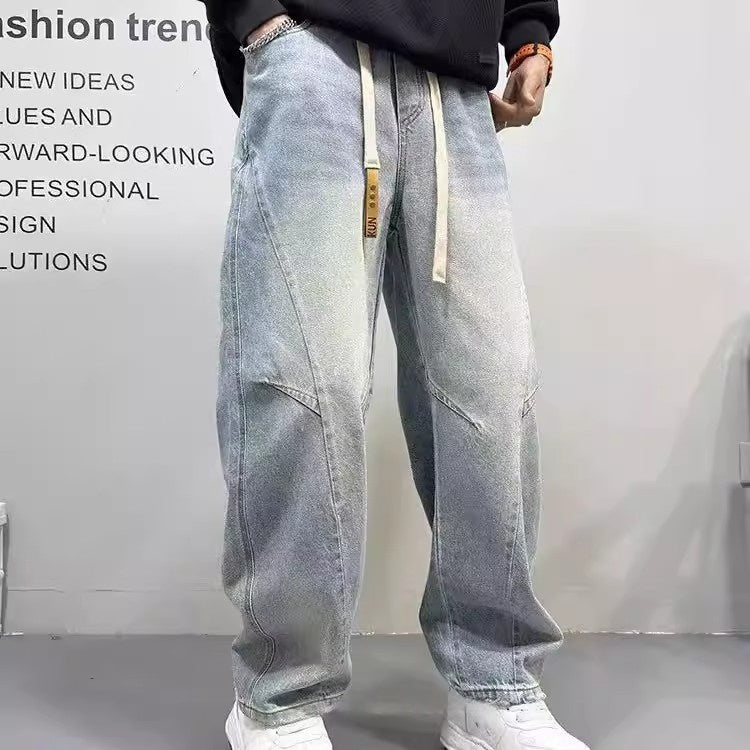 Patchwork Vintage Washed Loose Straight-leg Pants American-style Edgy And Cool Sabre-cut Trousers