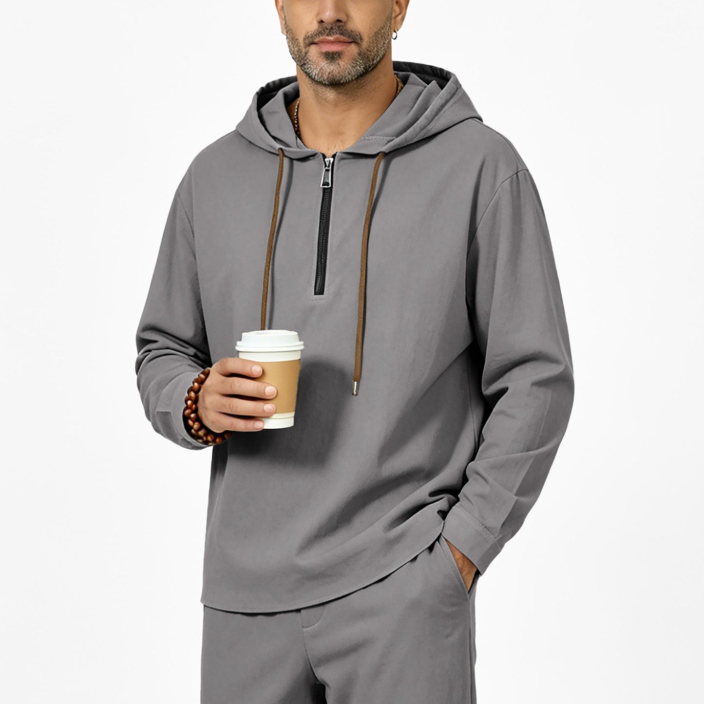 Mens Linen Hooded Half-Zip Sweatshirt