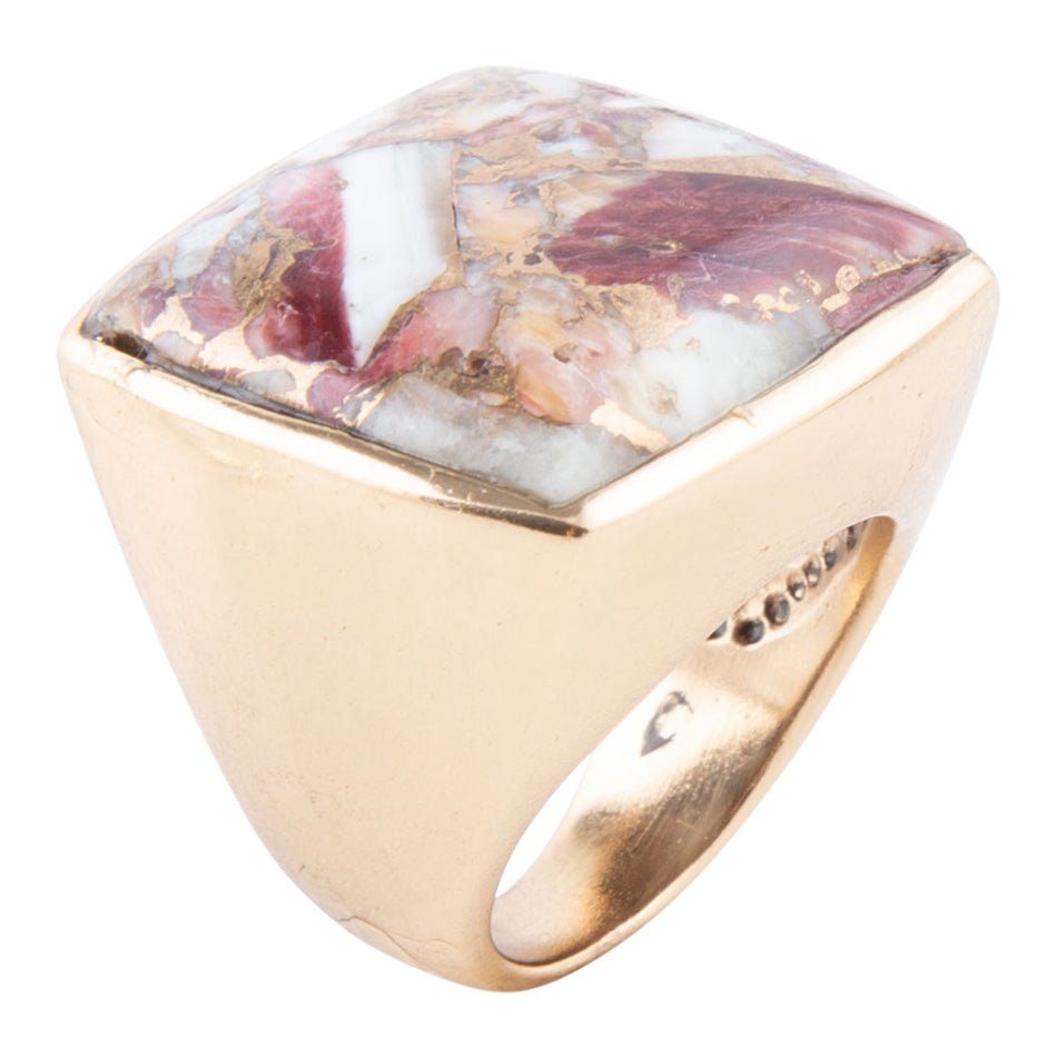 Ring aus quadratischem lila Spondylus-Muschel-Matrix und Bronze