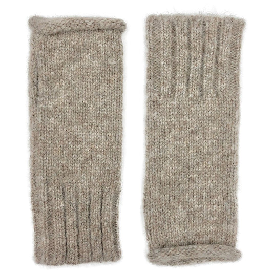 Alpaca Fingerless Knit Gloves Beige Long Ribbed Cuff Thumb Slit Warm Wrist