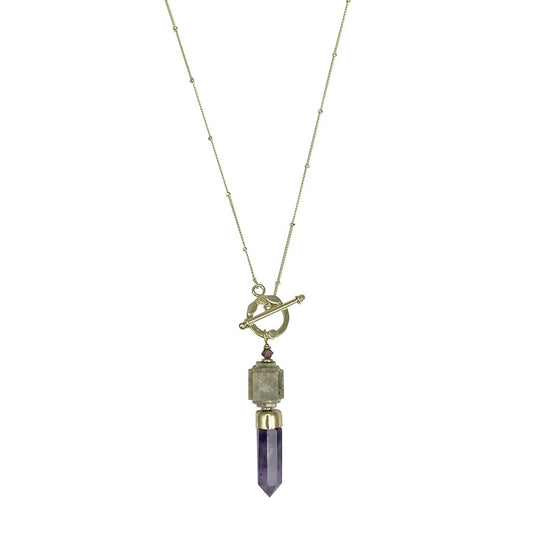 Amethyst Lariat Necklace Satellite Chain Bar Circle Closure Polished Pendant