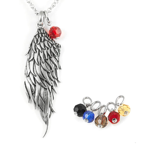 Angel Wing Pendant Necklace With Birthstone Charm Options