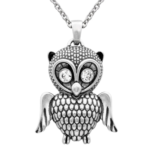 Angelic Owl Pendant Necklace Silver Crystal Wings Charm