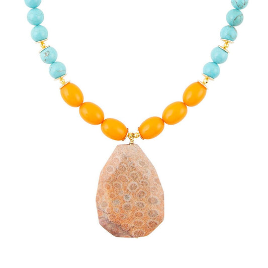 Collier pendentif en magnésite bleue fossile abricot doré
