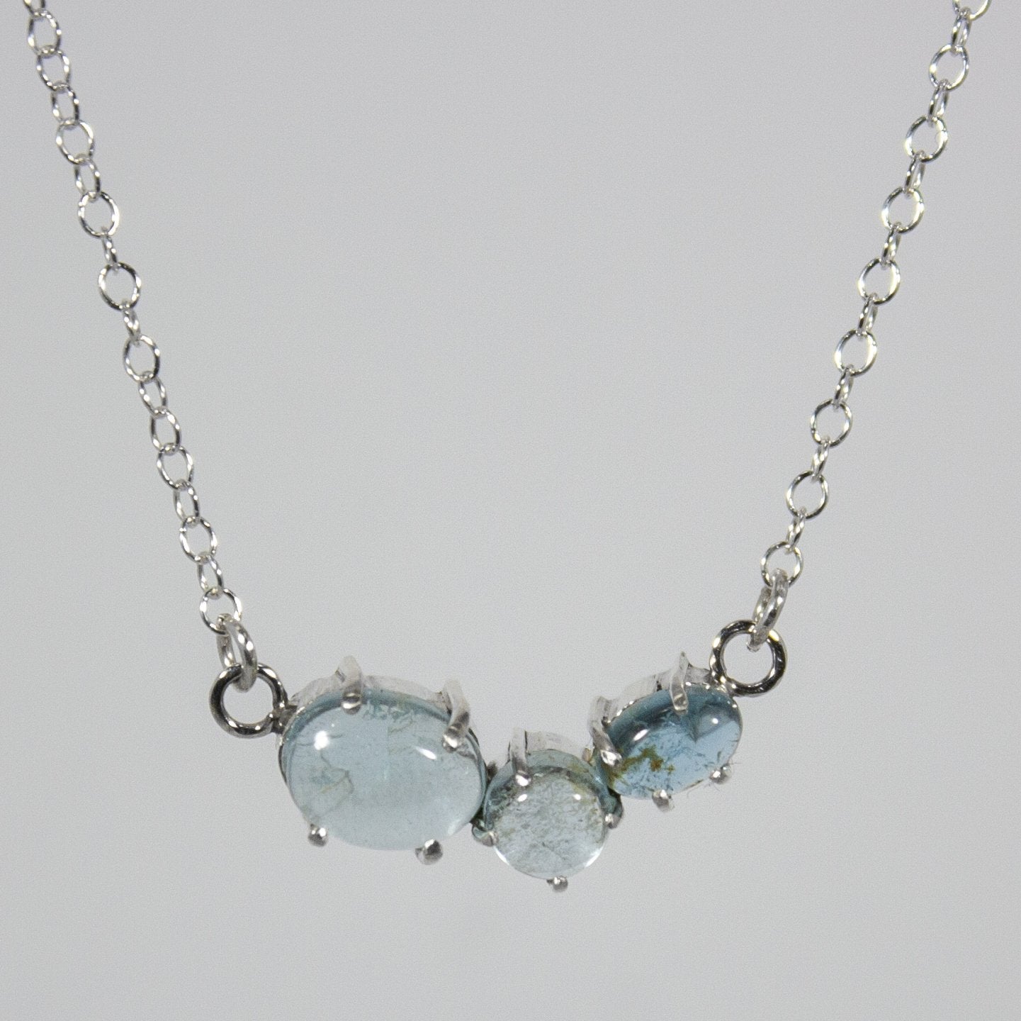 Aquamarine Sterling Silver Necklace 3 Stone Pendant
