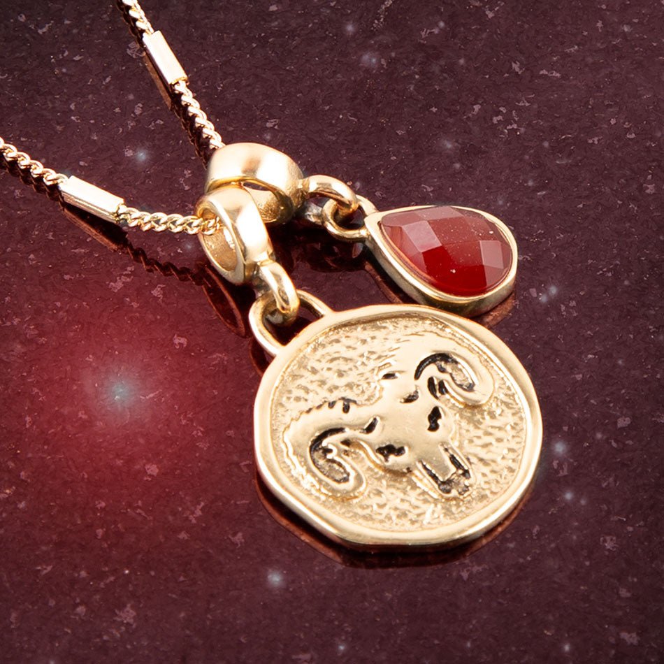 Bélier - Collier pendentif en cornaline rouge et or signe astrologique