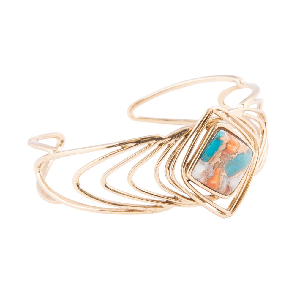 Bracelet manchette doré flèches turquoise et orange avec incrustation de spondyle