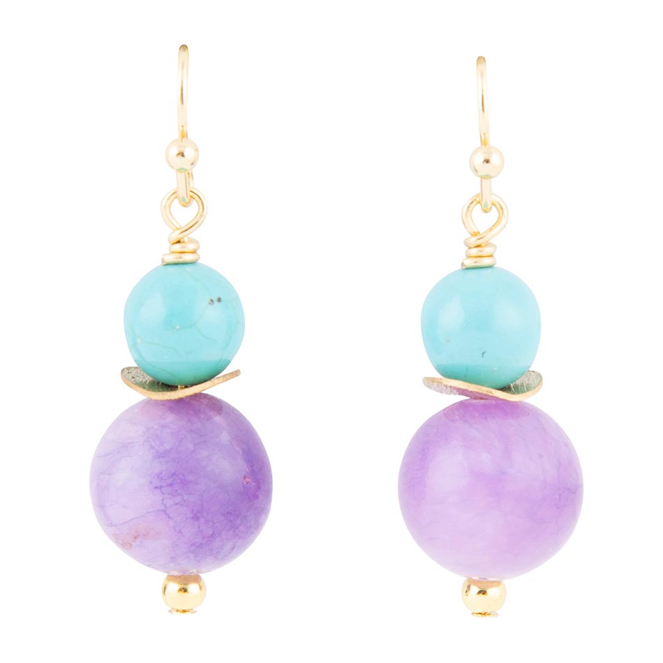 Boucles d'oreilles pendantes Goutte d'Or et Jade Violet Aruba