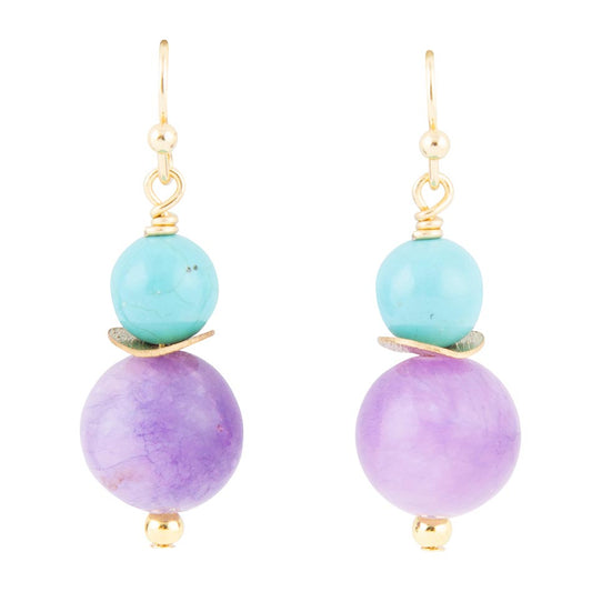 Boucles d'oreilles pendantes Goutte d'Or et Jade Violet Aruba
