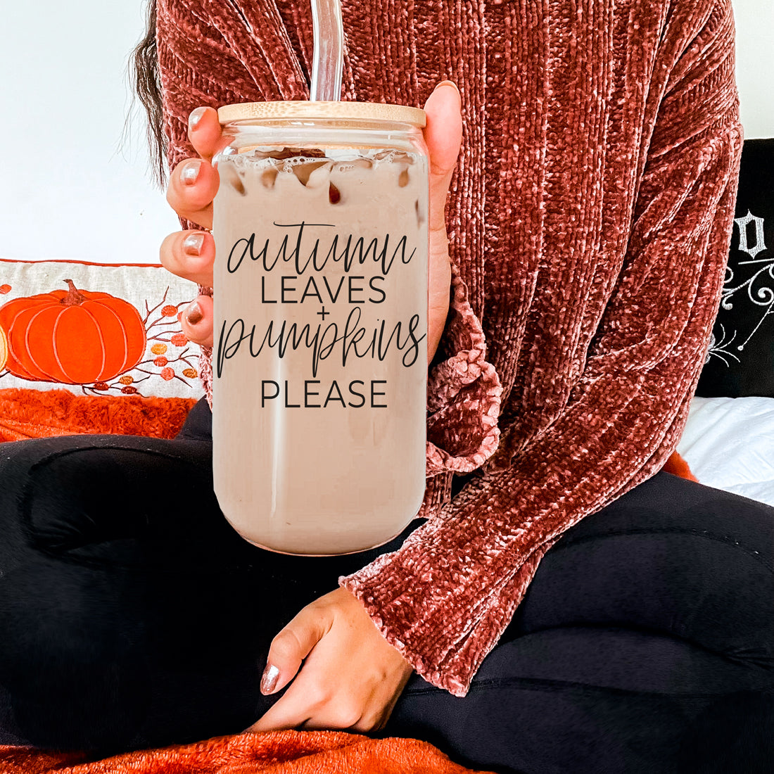 Gobelet en verre 20oz Feuilles d'automne avec couvercle en bambou, 2 pailles en acier inoxydable et brosse de nettoyage