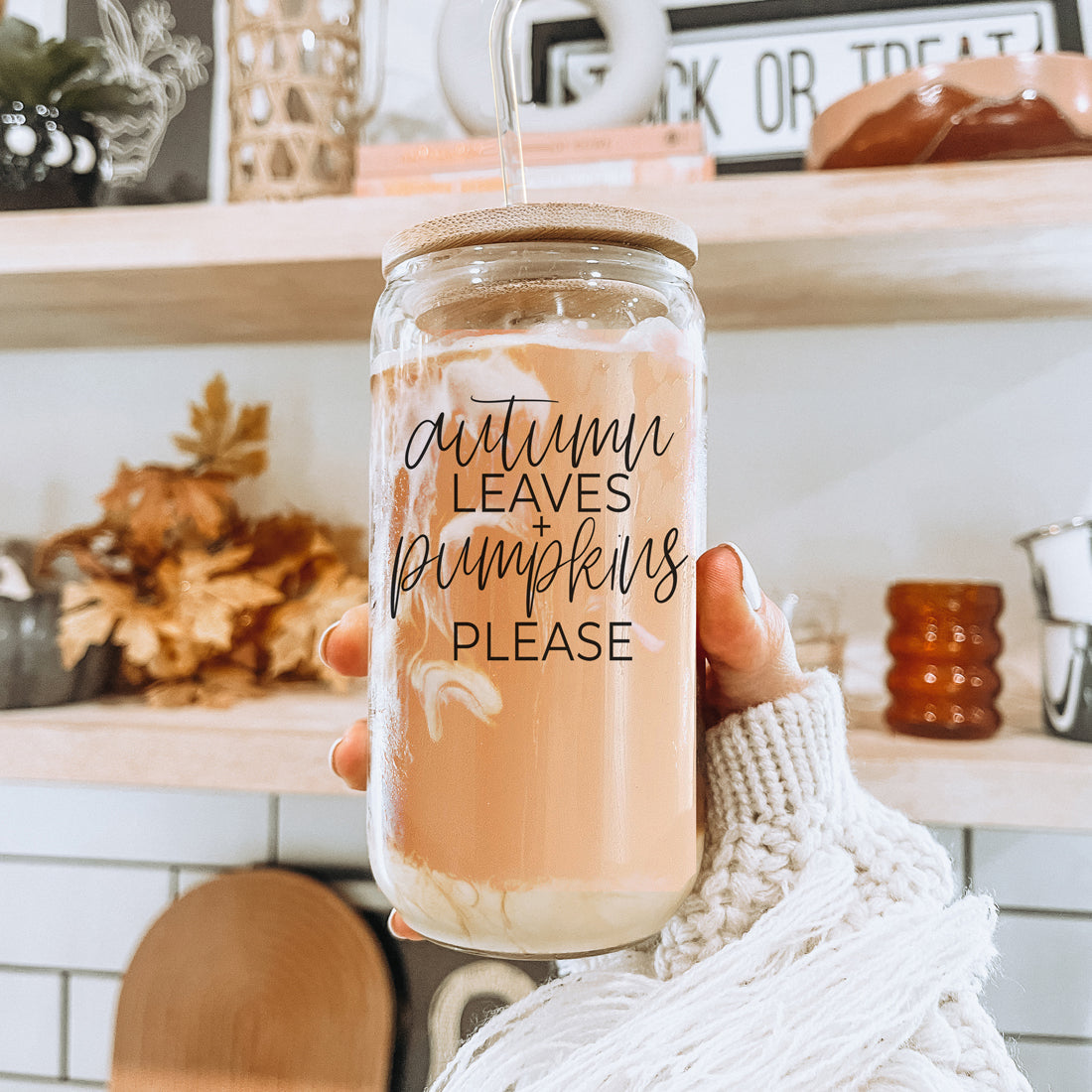 Gobelet en verre 20oz Feuilles d'automne avec couvercle en bambou, 2 pailles en acier inoxydable et brosse de nettoyage