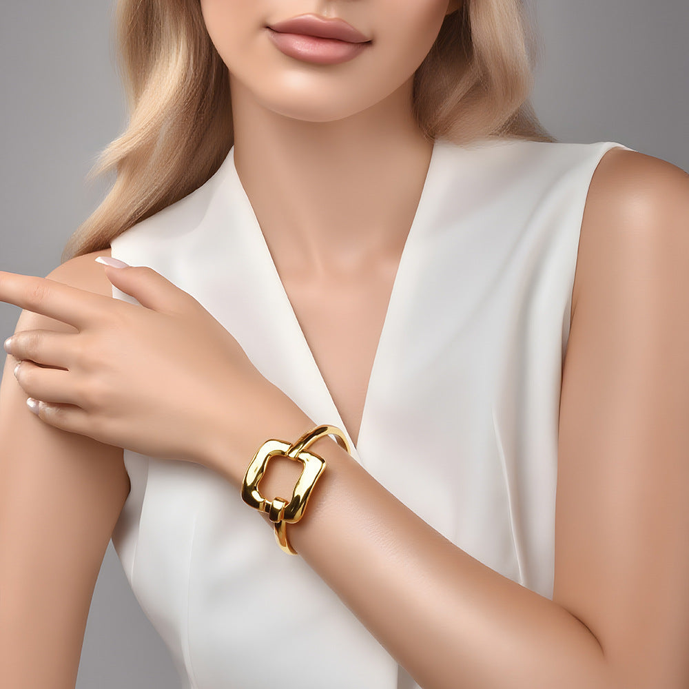Minimal Interlocking Square Buckle Bangle For Women, High Polish Gold Plated Adjustable Cuff Bracelet, Elegant Daily Fashion Jewelry