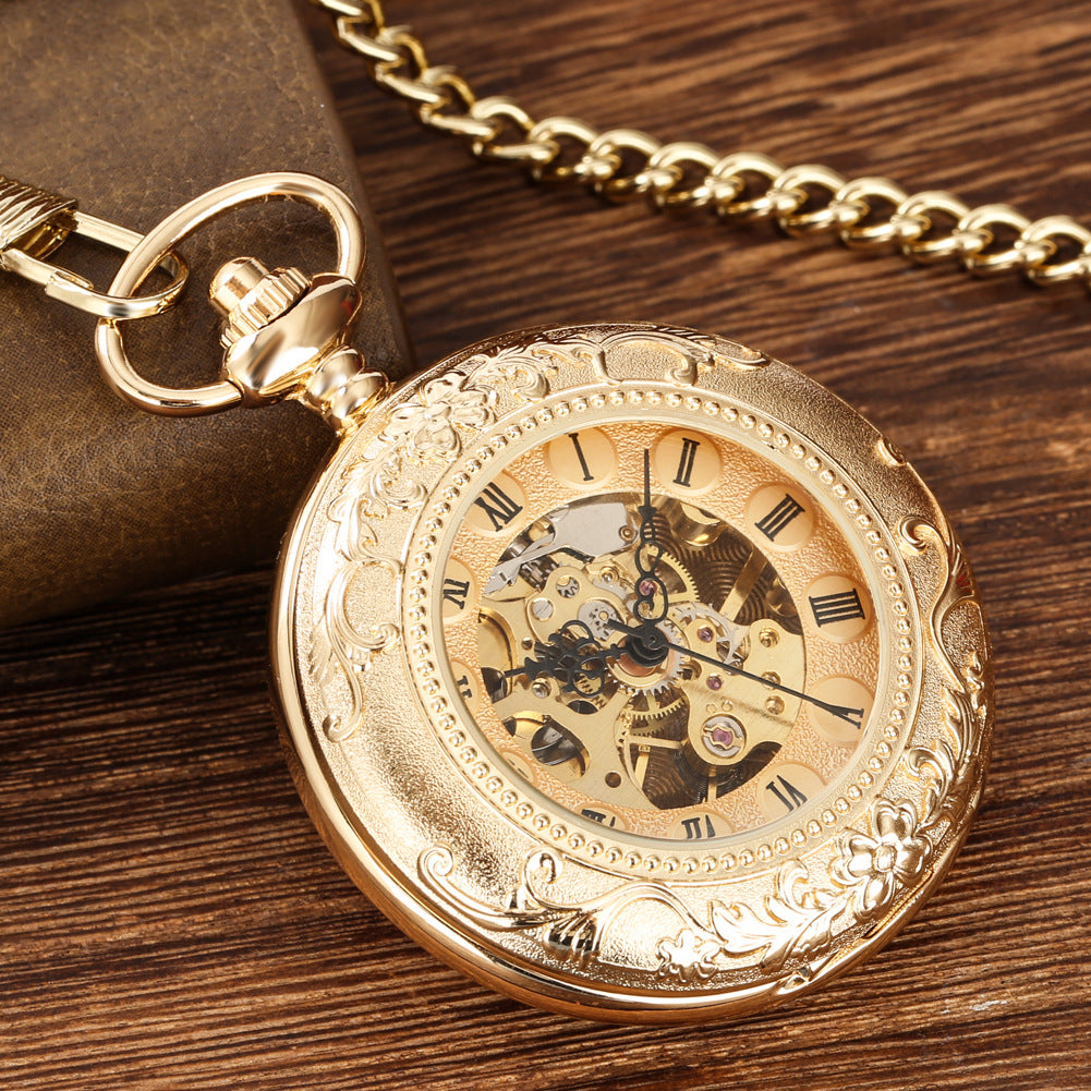 Retro Gold Hollow Out Roman Manual Mechanical Large Pocket Watch Chain Watch
