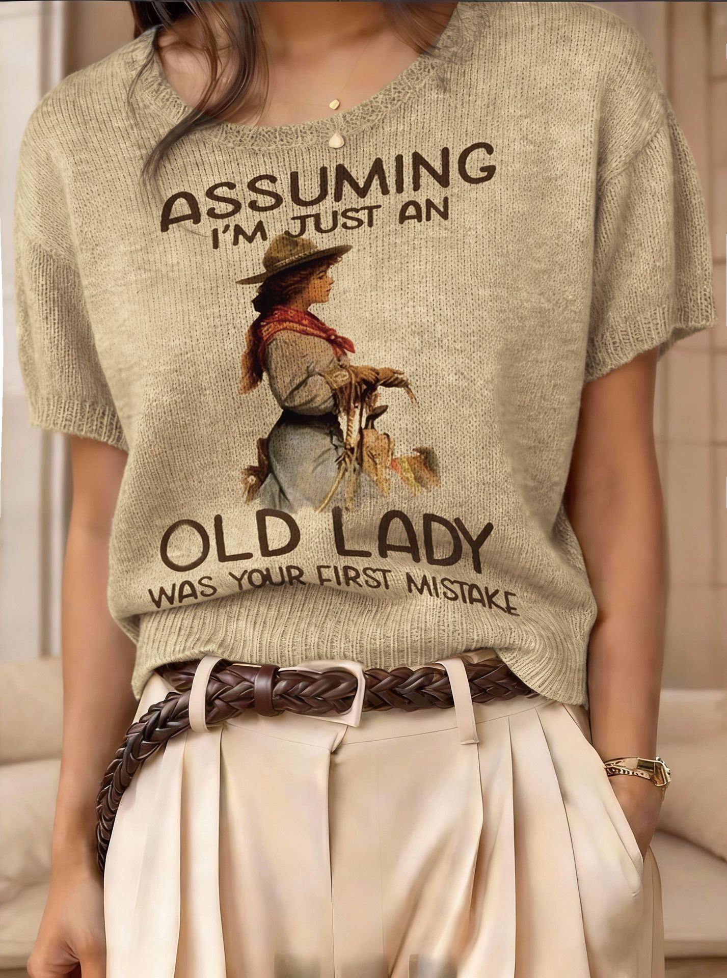 Women's Retro Short-Sleeve Jacquard Knit Top
