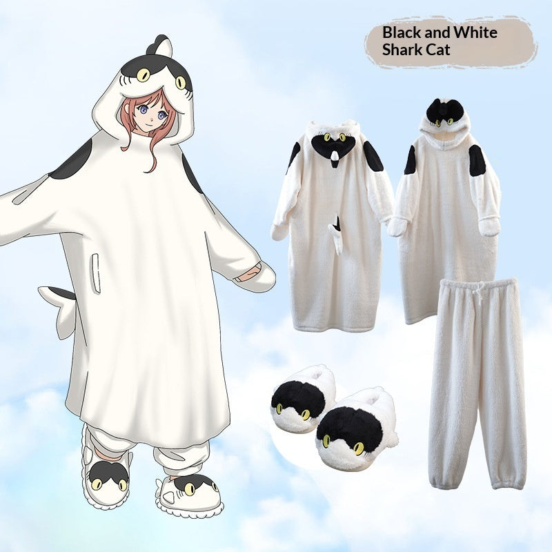 Anime Cartoon Funny Shark And Cat Onesie Pajamas Cute Cozy Loungewear Set