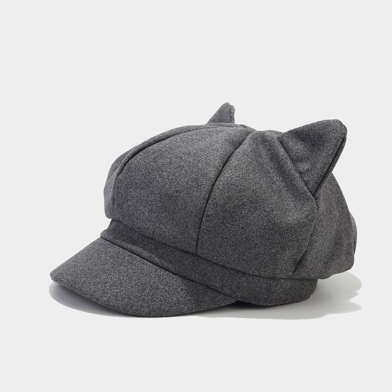 Winter And Autumn Woolen Cute Cat Ears Octagonal Beret Hat, Trendy And Vintage Fashion, Pure Color Painter Hat, British Style Casual Baseball Cap