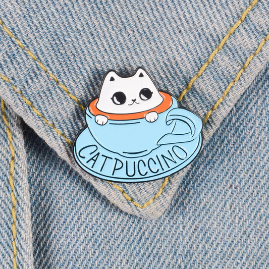 Blue Teacup White Cat Coffee Brooch