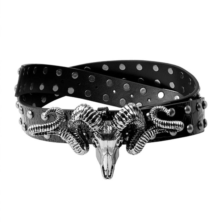 Distressed Skull And Sheep-head Belt Made From Full-grain Cowhide