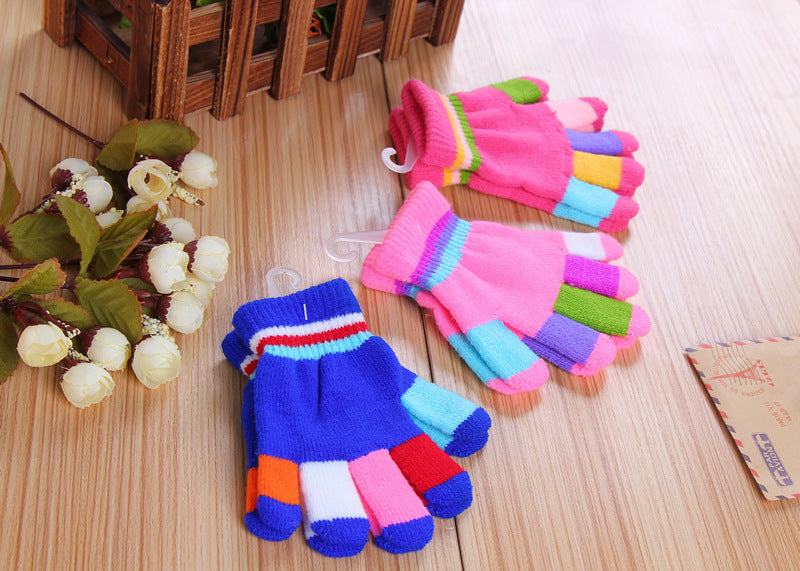 Knitted Thick Color Striped Full Finger Warm Gloves