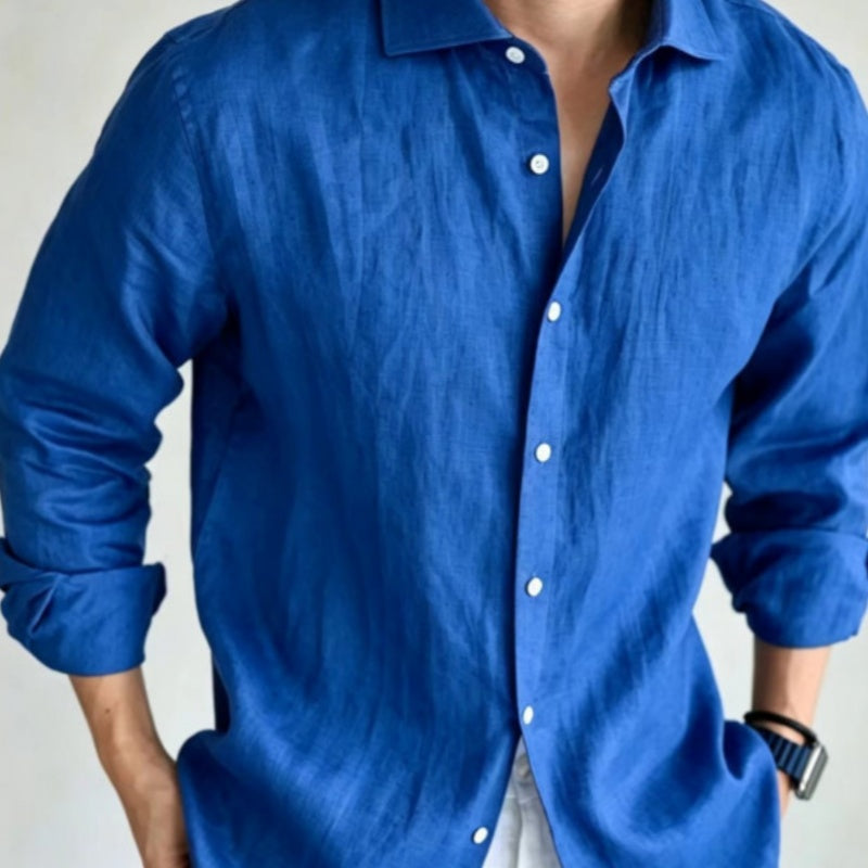 Mens Navy Blue Linen Fashionable Casual Shirt