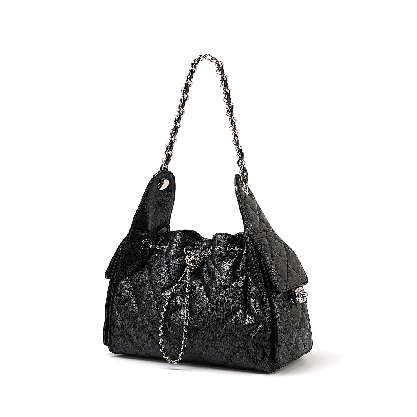 Caviar-patterned Genuine Leather Hobo Shoulder Bag With A Diamond-quilted Design