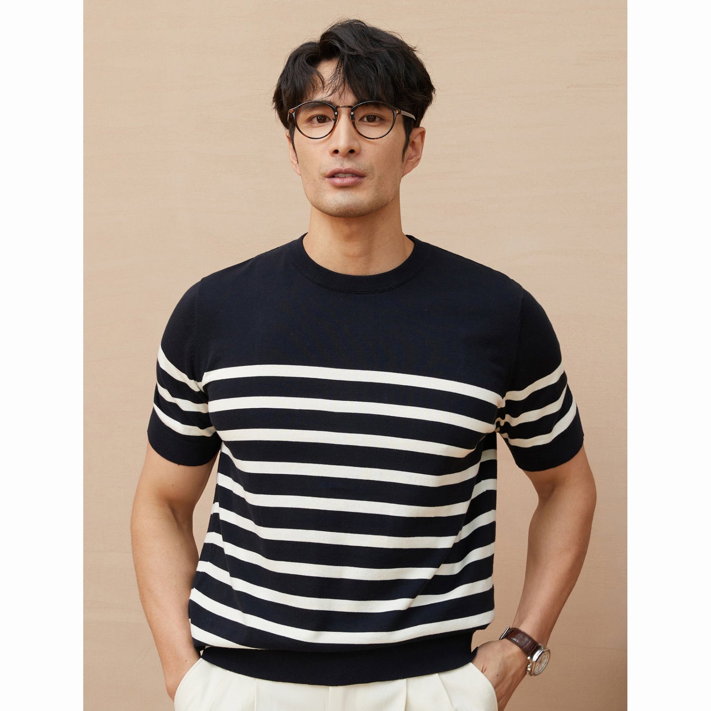 Summer New Short-sleeved Knitted Sweater Men's Striped Light Luxury Business Casual