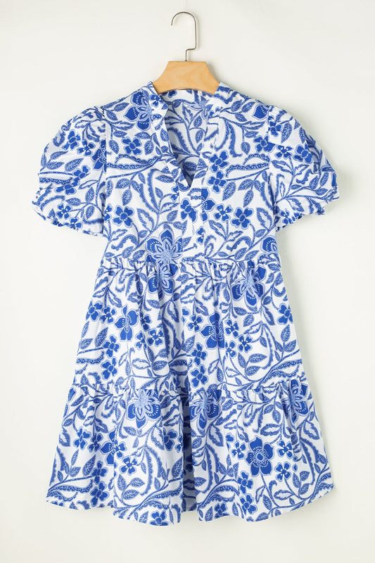 Royal Blue Printed Puff Sleeve Dress Stylish & Feminine Statement Dress For Every Occasion